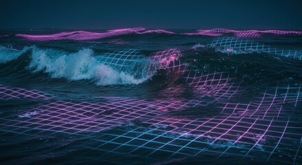 Abstract Ocean Waves with Retro Grid Overlay Digital Art Synthwave Cyberpunk Style