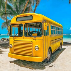 Yellow School Bus on Tropical Beach Paradise