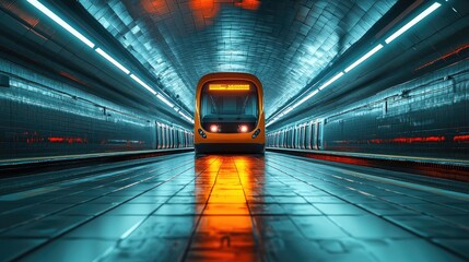 Fototapeta premium Bright yellow train arriving at a futuristic underground station with glowing lights
