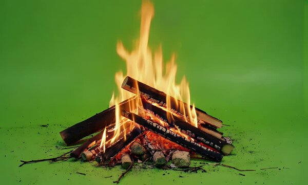 Green screen shot of an outdoor campfire with rising smoke and flames on a vivid green background for animation use