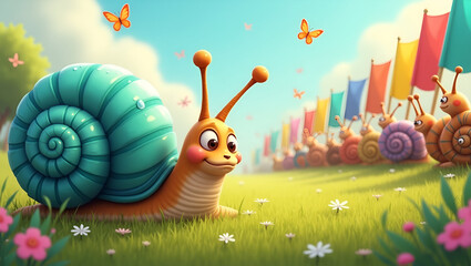 Title: "Exhausted Snail in Whimsical Cartoon Scene"

