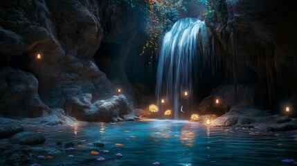 Naklejka premium a waterfall inside of a rocky sandy cave with crystal-clear water flowing into a glowing bond at night (a white sun launcher) (lanterns) (beautiful tropical colorful flowers) (amazing lighting) 