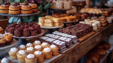 A vibrant display of assorted desserts at a bakery showcasing various cakes and pastries