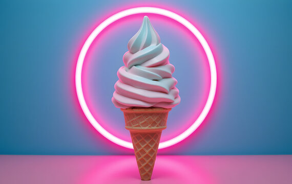 A pastel swirl ice cream cone on a wooden stick sits in front of a bright pink neon light, set against a blue background with a geometric frame. The ice cream has a soft, wavy texture, and the neon li