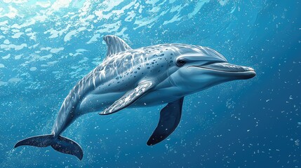 Fototapeta premium A dolphin swimming gracefully in clear blue ocean waters, surrounded by bubbles