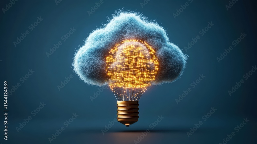 Poster glowing lightbulb formed from interconnected nodes surrounded by fluffy cloud symbolizing innovative