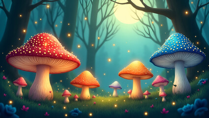 Title: Whimsical Illustration of Vibrant Magic Mushrooms

