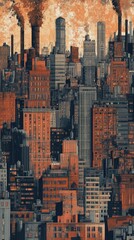 Polluted city skyline rises into smoky sky.