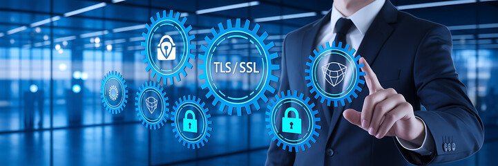 TLS/SSL Encryption &ndash; Secure Data Transmission & Cybersecurity, secure connection, HTTPS, website security, digital certificate, data encryption, network security, TLS handshake, SSL certificate.