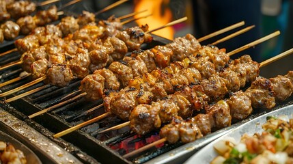 Grilled Meat Skewers Cooking Over Flames at a Busy Street Food Market