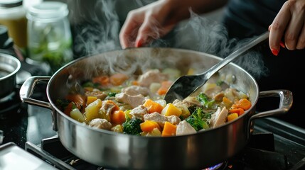 A woman cooking a paleo-friendly chicken and vegetable stew on the stovetop.