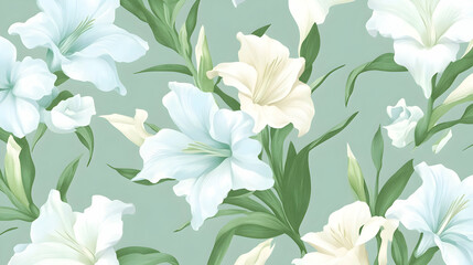 Elegant white and cream lilies floral pattern, seamless design, pastel green background, ideal for textile prints