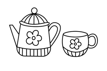 A hand-drawn sketch of a teapot and teacup in matching style, outlined in clean lines, perfect for tea lovers and spring designs.