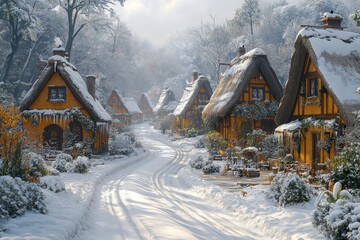 Naklejka premium Snowy village road, winter cottages, forest background, idyllic scene