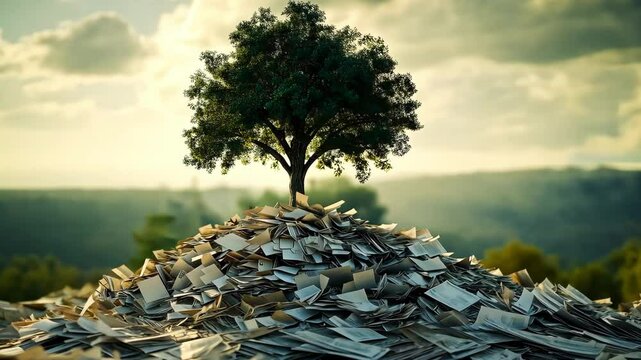 A tree grows out of a pile of paper, Environmental sustainability and responsible paper use	