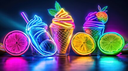 Obraz premium Neon Ice Creams in Cones, Fruit Background