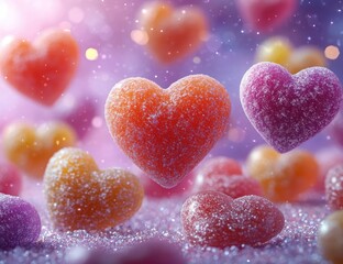 Sparkling sugared heart candies float, Valentine's background, romantic