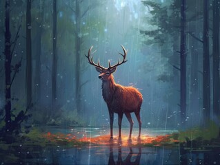 Fototapeta premium Majestic deer in a rainy forest glade