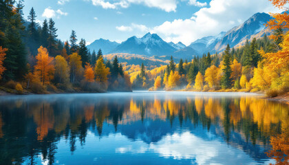Autumnal Serenity: A Mountain Lake's Golden Reflection