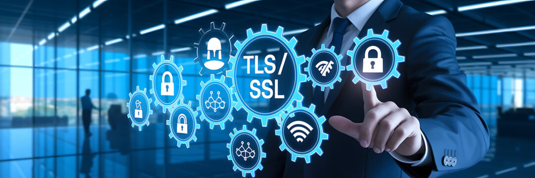 TLS/SSL Encryption &ndash; Secure Data Transmission & Cybersecurity, secure connection, HTTPS, website security, digital certificate, data encryption, network security, TLS handshake, SSL certificate.