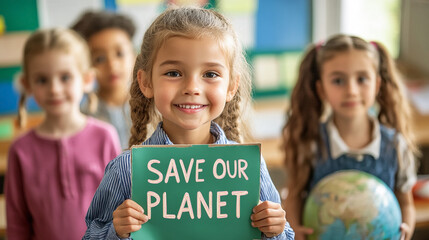smiling happy children with poster "SAVE OUR PLANET" , standing in school class, Earth day.