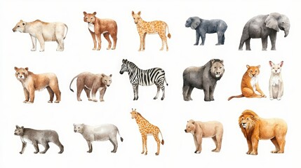 Collection of various animal illustrations, showcasing diversity in wildlife including lions, elephants, and zebras.