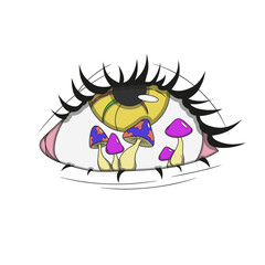 Yellow eye with mushrooms inside, psychedelic sticker, psychedelic mushrooms