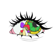 Green eye with mushrooms inside, psychedelic sticker, psychedelic mushrooms