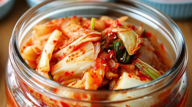 Traditional Korean kimchi in a clear glass jar, The jar is filled with fermented vegetables mixed with chili flakes and spices. Food preservation and authentic Korean cuisine	
