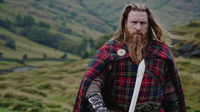 A Strong Male Warrior in Traditional Highland Garb Stands Defiantly Against a Dramatic Scottish Landscape with Ruins in the Background, Evoking a Sense of History and Power