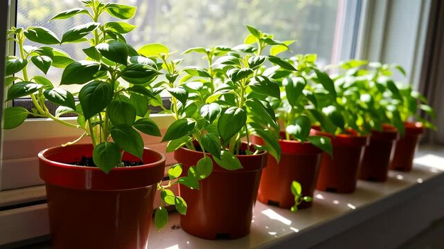 Vibrant Green Basil Plants in Terracotta Pots on a Sunny Windowsill