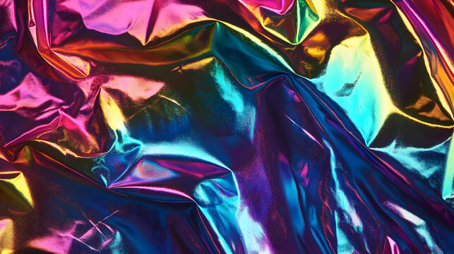 papel arrugado tornasol brillante y resplandeciente colorido en tonos fuertes vibrantes y llamativos para fondo o dise&ntilde;o colores psicodelicos abstractos reflejantes