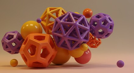 Futuristic Abstract Geometry - 3D Minimalist Composition. abstract 3d, Geometric shapes in chaotic composition. orange yellow purple color. generative AI