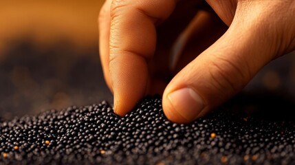 Close-up of a hand delicately touching black seeds on a wooden surface with soft lighting