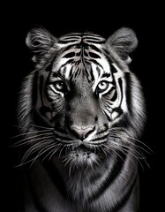 Obraz premium Monochrome close-up of a tiger with a piercing gaze emerging from the darkness