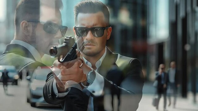 Dangerous Pursuit: A sharply dressed man in sunglasses holds a weapon, embodying a sense of suspense, danger, and action against a backdrop of urban cityscape.