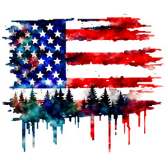 Watercolor Patriotism: A vibrant watercolor illustration of the American flag blends patriotic symbolism with nature, showing the nation's beauty and heritage. 