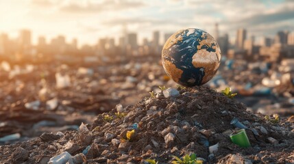 Earth Globe Amid Urban Waste Cityscape Backdrop Pollution Concept
