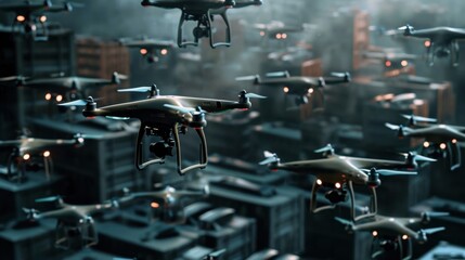 Fototapeta premium Drones efficiently delivering packages over urban landscapes in vivid detail