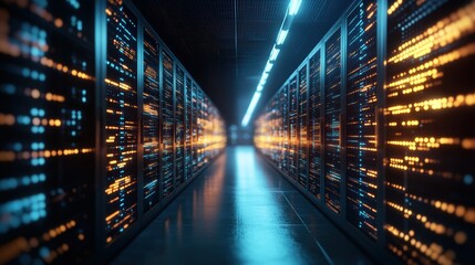 Fototapeta premium A Long Dimly Lit Server Room Corridor with Rows of Illuminated Server Racks Displaying Streams of Data in a High-Tech Environment at Night
