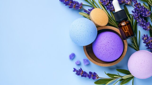 Relaxing bath essentials with lavender, essential oil, and colorful bath bombs on blue background