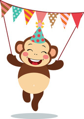 Happy monkey with party flag banner
