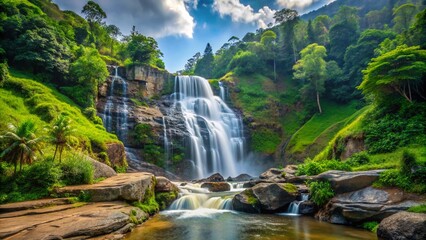 Fototapeta premium Majestic Boburu Ella Waterfall, Sri Lanka: A Breathtaking Cascade in Lush Greenery