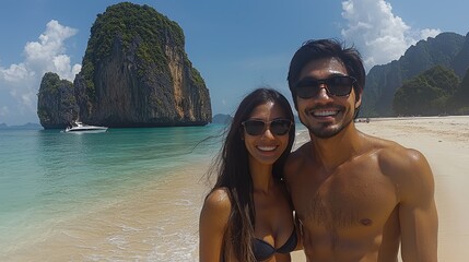 Obraz premium Couple enjoying a sunny beach day with a scenic rock formation in the background