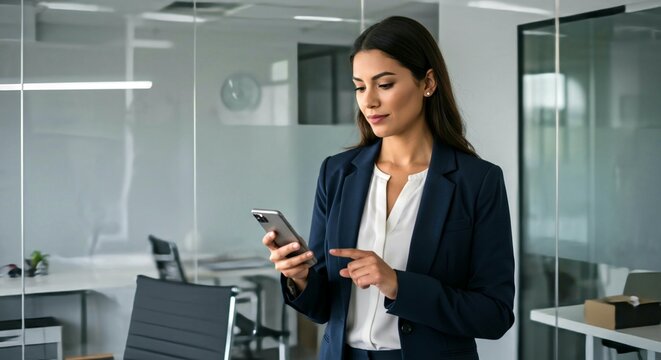 Ejecutiva hispana mirando su tel&eacute;fono m&oacute;vil en una oficina moderna