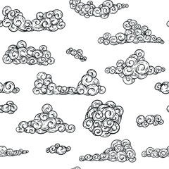 Seamless pattern clouds in cartoon vintage style. Abstract hand drawn background for cover, print, textile. Monochrome vector illustration.