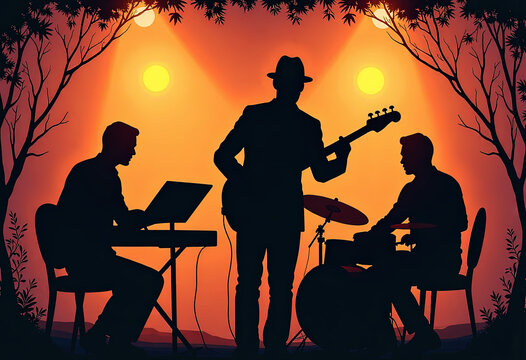Silhouette jazz trio with pianist, guitarist and drummer performing for music event promotions, concert posters, album covers, and International Jazz Day celebrations - Powered by Adobe