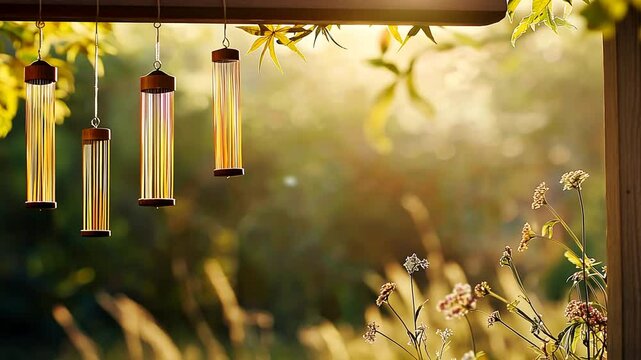 Serene garden with wind chimes and natural beauty