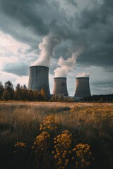 Cooling towers rising above a nuclear power plant landscape