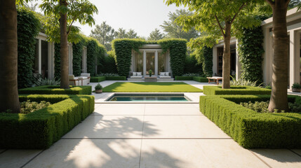 Fototapeta premium serene garden with lush greenery, pool, and modern seating areas creates tranquil outdoor space